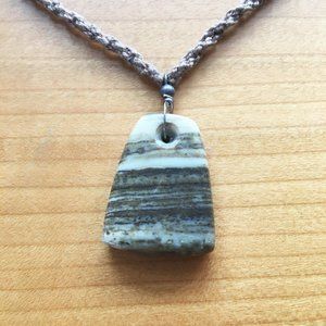 Tan and Brown Striped Stone Pendant Necklace on Twisted Crocheted Brown String